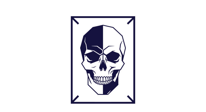 Human skull graphic split vertically into black and white sections inside a rectangular frame on a white background.