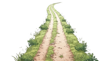 Winding dirt road vector illustration, rustic country path with green grass and bushes, rural landscape trail isolated on white background © edit