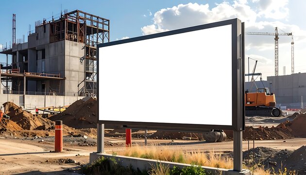 A large blank billboard on a construction site with a building and excavator