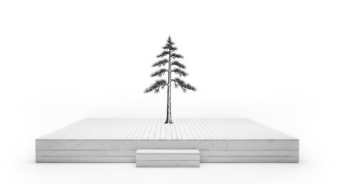 Minimalist of a single lone pine tree on a flat platform with subtle line details black and white