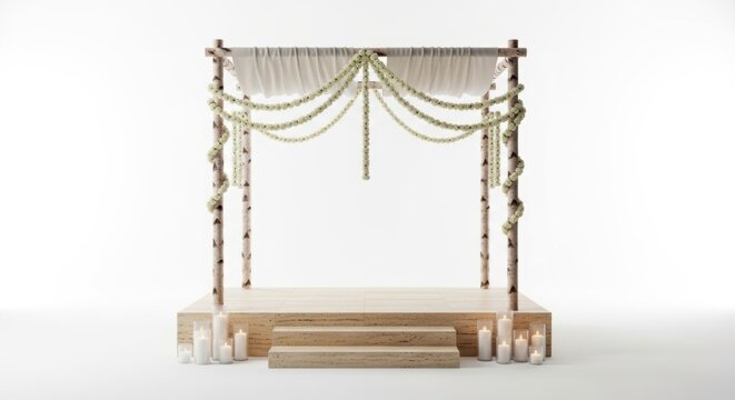 Wedding altar with white drapes and floral decorations wooden structure ceremony