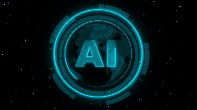 Glowing neon blue AI text and earth globe. Glowing neon blue AI HUD. Glowing neon blue AI for global intelligence and international network technology visuals art.