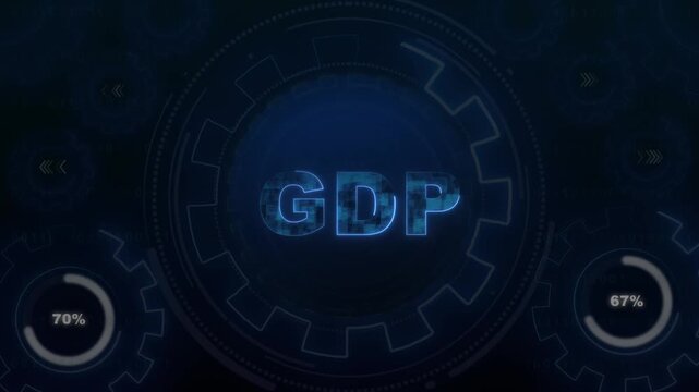 Digital interface with GDP neon blue text. Digital interface gears. Digital interface for economic indicators and gross domestic product statistics visualization art.