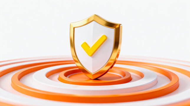 A 3D rendered golden-rimmed security shield with a yellow check mark sits atop concentric orange and white rings against a plain white background.
