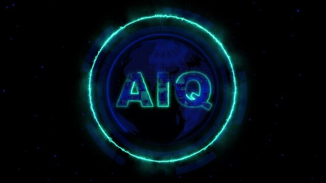 Glowing neon blue AIQ text and pixelated globe. Glowing neon blue AIQ HUD. Glowing neon blue AIQ for technical intelligence and digital data processing visuals art.