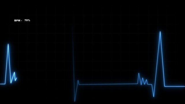 Neon blue electrocardiogram line with BPM. Neon blue electrocardiogram heart. Neon blue electrocardiogram for medical monitoring and clinical health data visualizations.