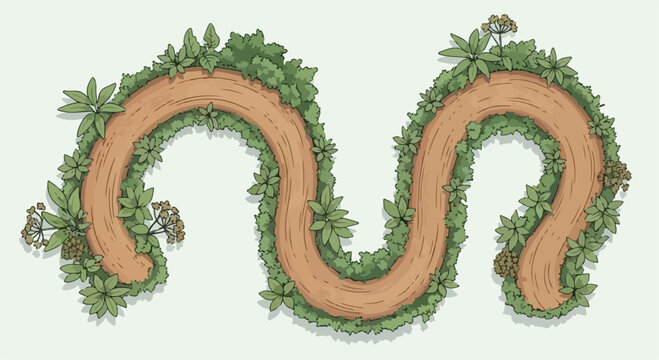 Winding dirt path vector illustration, curved forest trail with green bushes and plants, top view garden walkway for map design and gaming