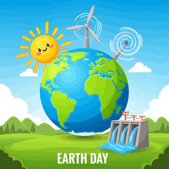 Naklejka premium Cartoon Earth Celebrating Earth Day with Sun and Wind Energy