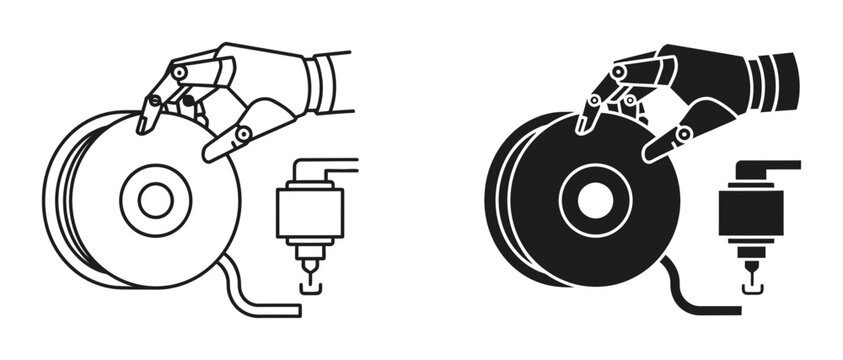 3D printing filament spool icon set with robotic hand and extruder, white background, vector Illustration