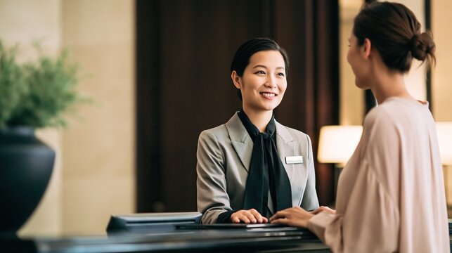 Friendly Asian hotel receptionist in gray uniform smiling and talking with guest at lobby front desk for check in service and hospitality