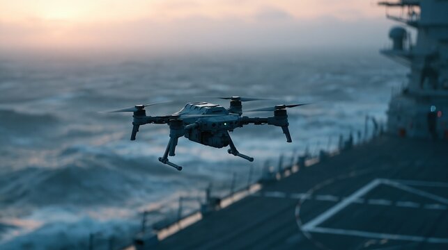 Military combat drone with spinning propellers flying next to navy warship deck over choppy ocean at soft sunset for modern naval defense concept