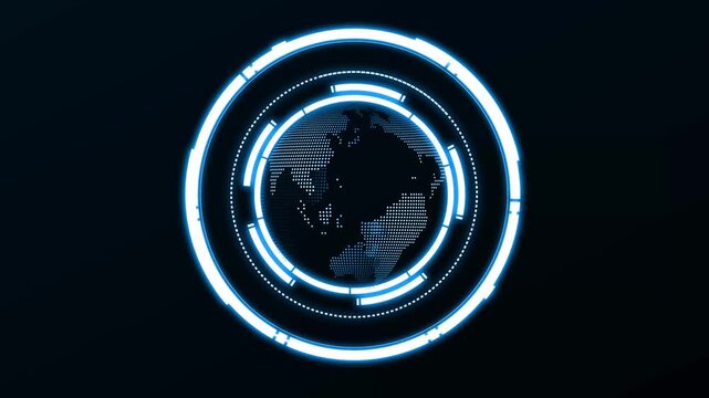 Futuristic digital globe with blue HUD interface. Futuristic digital globe earth. Futuristic digital globe for global communications and planetary data tracking visuals art.