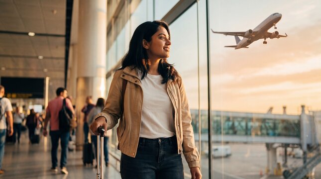 woman at airport window, female traveler looking airplane. airport travel lifestyle, woman looking outside terminal