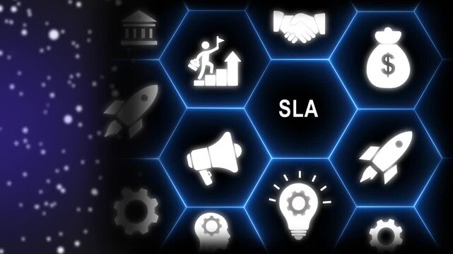 SLA Service Level Agreement Concept with Icons and Hexagonal Network contract business-4k black background icon animation