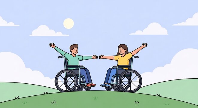 車椅子の上で手を取り合う明るい友人たち