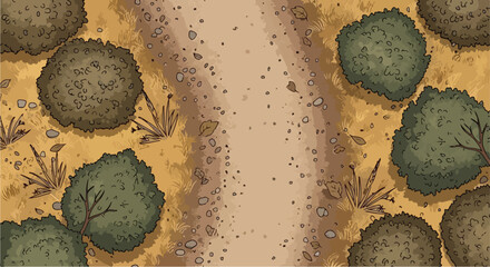 Top down view of a dirt path in a dry landscape, aerial perspective of a gravel road with green bushes, hand drawn game background vector © edit