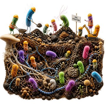 Colorful microbes constructing soil structure with various tools and materials