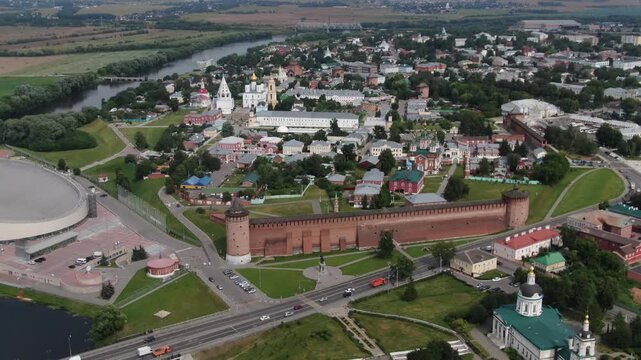 Drone flying backward from Kolomna kremlin wall