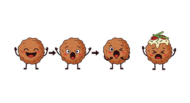 Sequential cartoon illustration showing the comical transformation of a happy meatball into a fully garnished dish with sauce and herbs.