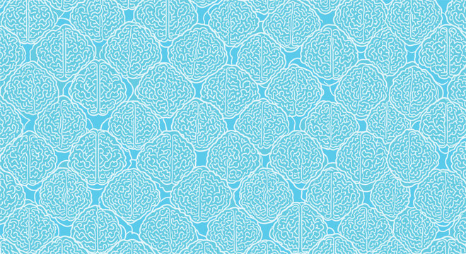 Symmetric and intricate tiling pattern formed by the repeated white outlines of human brains on a soothing light blue background.