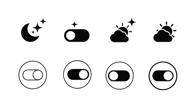 Set of black minimalist icons for weather conditions and mobile interface toggle switches for night and day modes on white background.