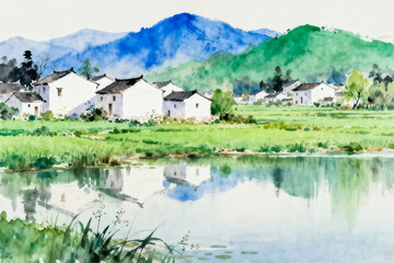 Obraz premium This delicate watercolor artwork depicts a peaceful traditional Chinese water village, with white-walled houses reflected in the calm river, surrounded by lush green fields and distant mountains.