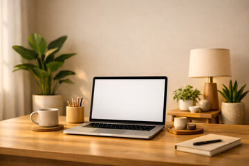 Fototapeta premium laptop on wooden desk with plants and warm natural lighting for home office setup