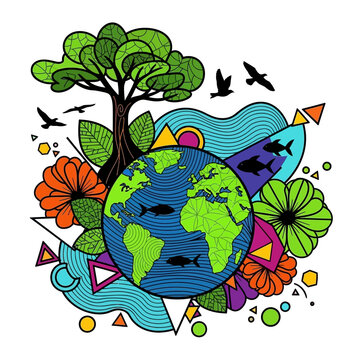 Colorful Earth Illustration Featuring Nature, Wildlife, and Flora