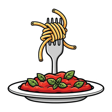 Spaghetti on a fork with basil.