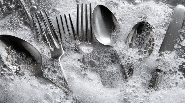 Water flows over shiny silverware in a bubbly foam.