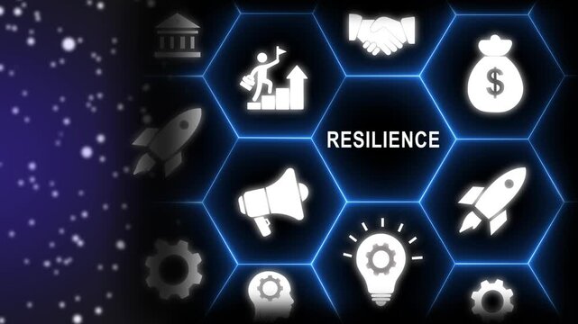 Resilience Business Concept with Hexagonal Icons and Network Grid strength adaptability-4k black background icon animation