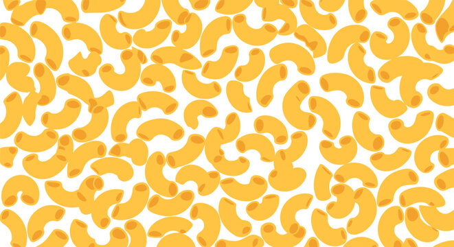 Simple food pattern showing a large number of dry elbow macaroni pasta pieces scattered randomly across a plain white background.