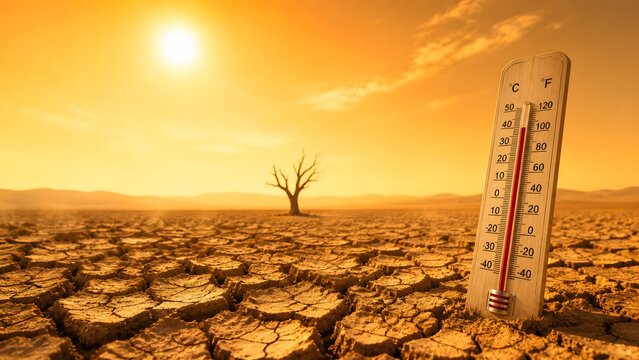 Drought cracked earth with thermometer and dead tree under hot sun
