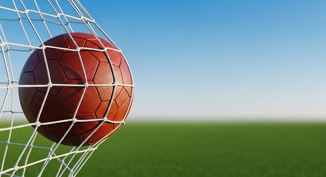 Soccer ball hitting the back of a goal net on a green field