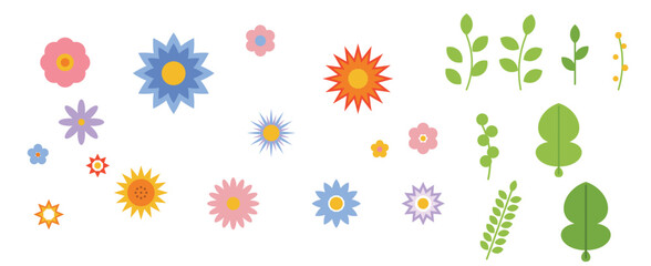 Obraz premium Colorful flat vector flower and leaf icons set isolated on white background for spring garden decorations and nature themed graphic designs.