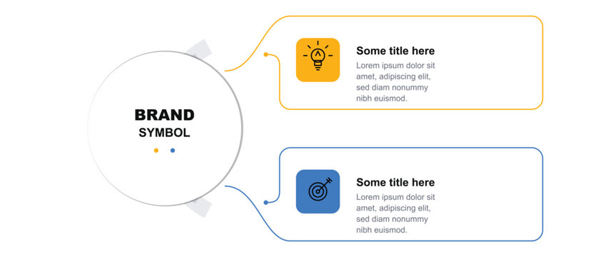 Business brand symbol infographic with two horizontal text boxes and colorful icons for professional company services and strategic mission statement presentations.