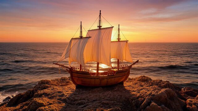 Exquisite Wooden Sailing Ship Model Resting on Rocks Against a Golden Sunset Over the Ocean