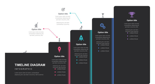 Professional timeline diagram infographic with five vertical rising steps and colorful icons for business growth strategy and goal achievement process visualization.