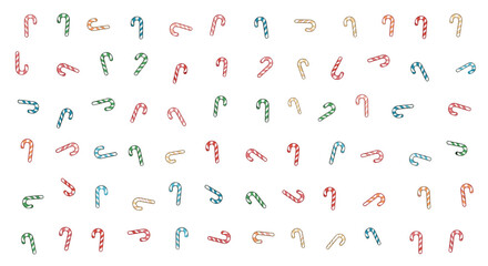 Fototapeta premium Large collection of colorful striped candy canes arranged in a scattered pattern over a plain white background.