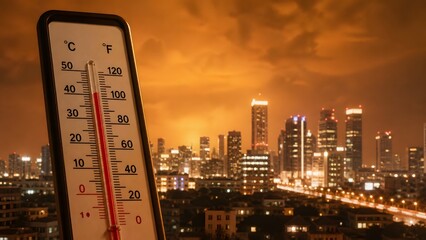 Night heatwave city skyline with thermometer and warm orange sky