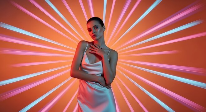 Fashion model posing in front of radial neon light rays. Party lifestyle and energetic retro disco. Woman in silk dress standing amidst orange and blue light beams in a studio setup