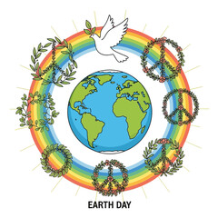 Naklejka premium Earth Celebrates Peace with Dove and Rainbow on Earth Day