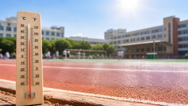 School sports track heatwave with thermometer under harsh sunlight