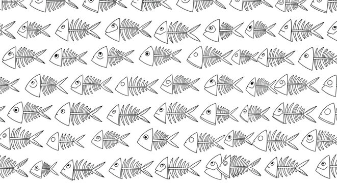 Repeating pattern of simple hand drawn fish skeletons in black ink on a white background for a nautical theme.