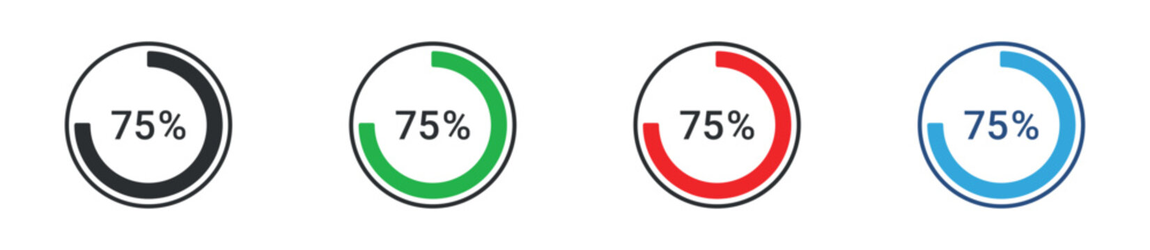 Circular progress 75% icon set. loading indicator symbol. percentage and completion concept. vector illustration.