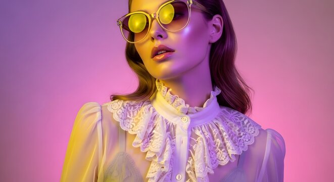 Elegant woman wearing stylish sunglasses. Retro fashion and luxury lifestyle concept. Glamorous female model in a vintage lace blouse posing under vibrant pink and purple neon lights