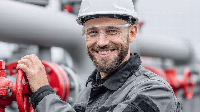 Smiling engineer in safety gear operating a valve in an industrial setting.