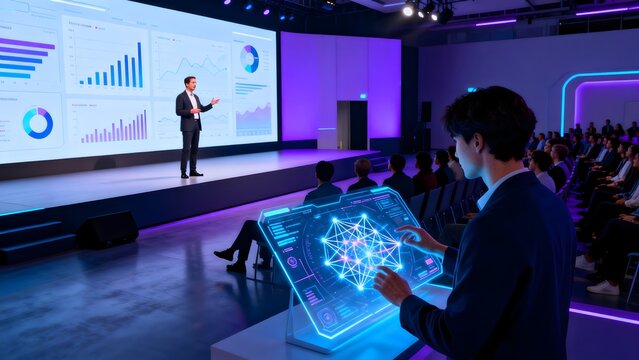 Man presenting data at a tech conference
