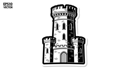 Obraz premium Medieval Castle Tower, Fortress, Stronghold, Architecture, History, Landmark, Black and White