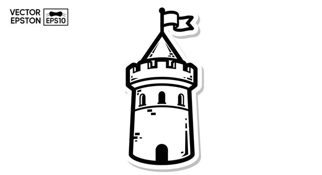 Hand-Drawn Medieval Castle Tower with Flag - Vector Illustration